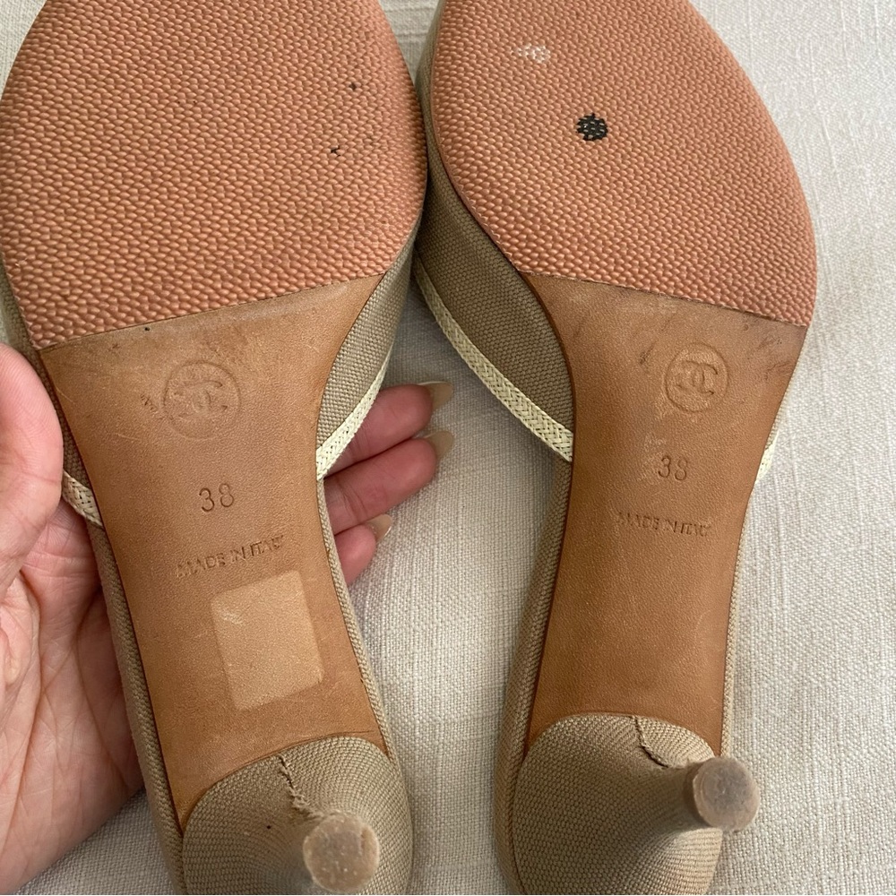 CHANEL Beige Camellia Mules with Gold Trim - Picture 10 of 15